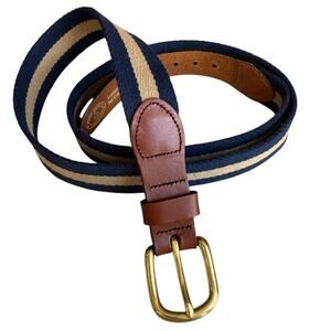 Leather Man Striped Canvas Belt Navy Blue Tan Leather Trim 40